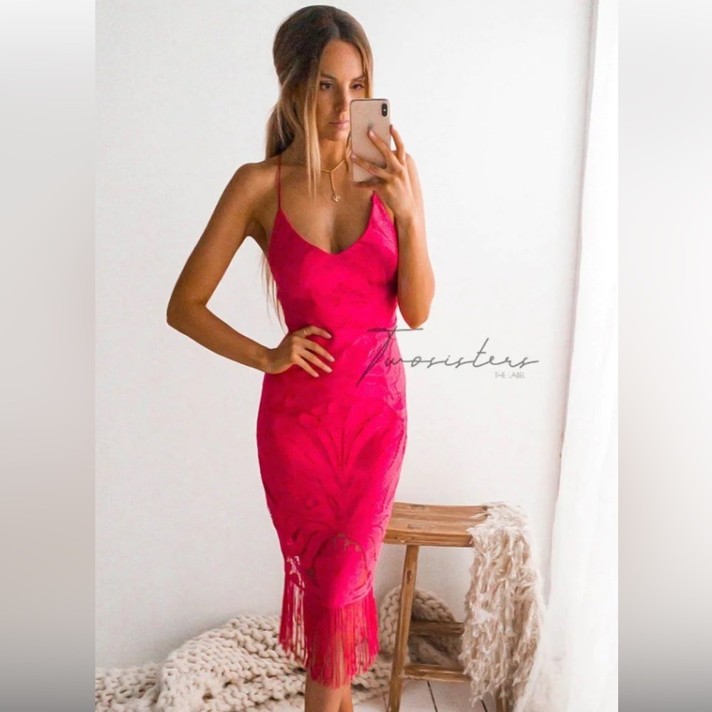 Fuchsia Fringe Midi Dress with Spaghetti Straps